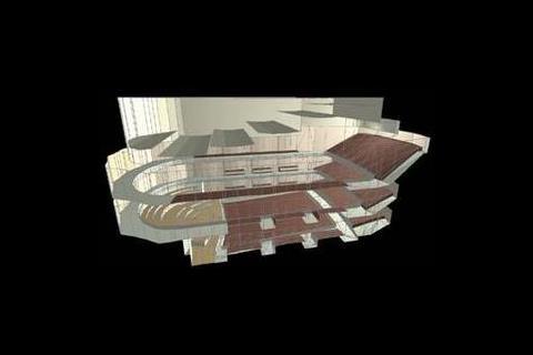 The model of Hall One showing the six acoustic reflector panels at varying heights. 